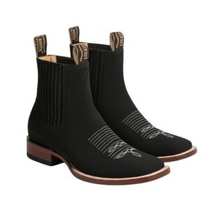 Los Altos Boot Nubuck Black Square Toe Chelsea Boots White Embroidered 9 EE Wide